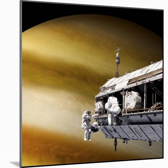 Astronauts Performing Work on a Space Station While Orbiting a Large Alien Planet-null-Mounted Art Print