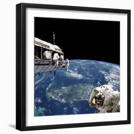 Astronauts Performing Work on Space Station While Orbiting Above Earth-Stocktrek Images-Framed Photographic Print