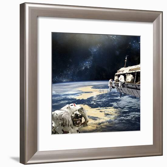 Astronauts Working on Space Station While Orbiting an Earth-Like Planet-Stocktrek Images-Framed Photographic Print