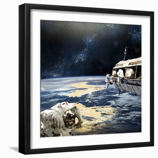 Astronauts Working on Space Station While Orbiting an Earth-Like Planet-Stocktrek Images-Framed Photographic Print