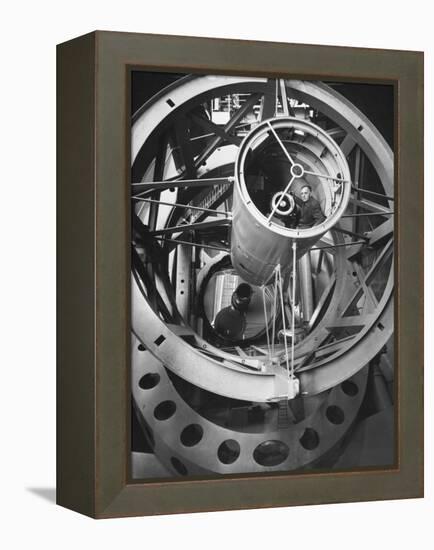 Astronomer Edwin Hubble Pictured Inside the Workings of the Huge 200 In. Mt. Palomar Telescope-J^ R^ Eyerman-Framed Premier Image Canvas