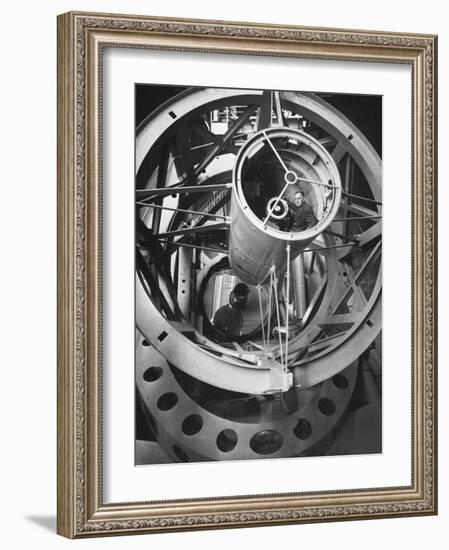 Astronomer Edwin Hubble Pictured Inside the Workings of the Huge 200 In. Mt. Palomar Telescope-J^ R^ Eyerman-Framed Photographic Print