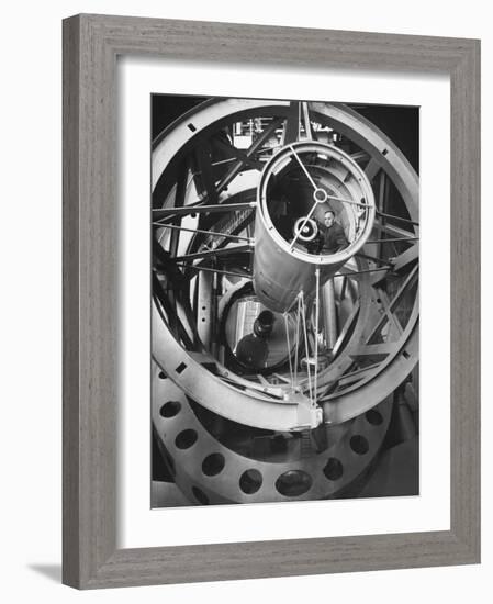 Astronomer Edwin Hubble Pictured Inside the Workings of the Huge 200 In. Mt. Palomar Telescope-J^ R^ Eyerman-Framed Photographic Print