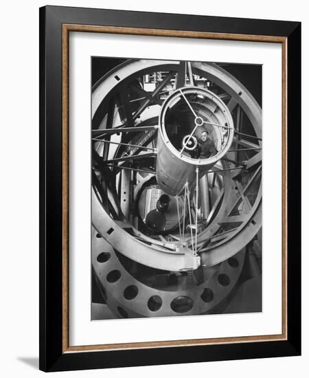 Astronomer Edwin Hubble Pictured Inside the Workings of the Huge 200 In. Mt. Palomar Telescope-J^ R^ Eyerman-Framed Photographic Print