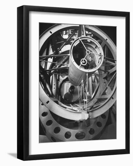 Astronomer Edwin Hubble Pictured Inside the Workings of the Huge 200 In. Mt. Palomar Telescope-J^ R^ Eyerman-Framed Photographic Print