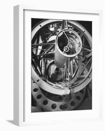 Astronomer Edwin Hubble Pictured Inside the Workings of the Huge 200 In. Mt. Palomar Telescope-J^ R^ Eyerman-Framed Photographic Print