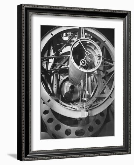 Astronomer Edwin Hubble Pictured Inside the Workings of the Huge 200 In. Mt. Palomar Telescope-J^ R^ Eyerman-Framed Photographic Print