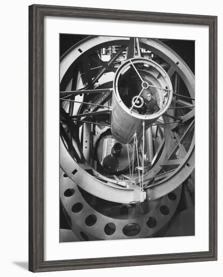 Astronomer Edwin Hubble Pictured Inside the Workings of the Huge 200 In. Mt. Palomar Telescope-J^ R^ Eyerman-Framed Photographic Print