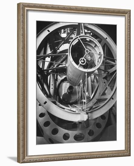 Astronomer Edwin Hubble Pictured Inside the Workings of the Huge 200 In. Mt. Palomar Telescope-J^ R^ Eyerman-Framed Photographic Print