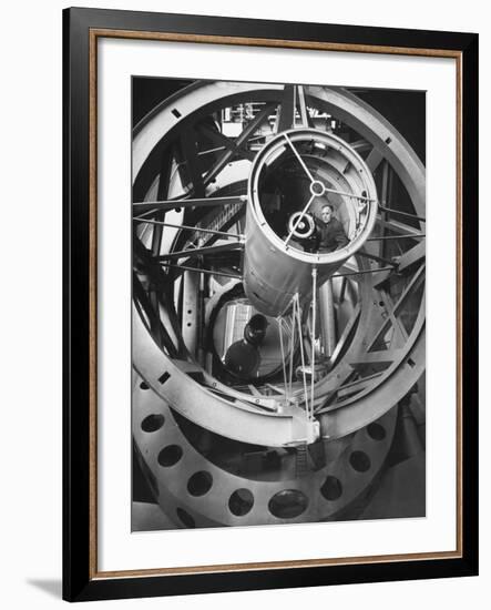 Astronomer Edwin Hubble Pictured Inside the Workings of the Huge 200 In. Mt. Palomar Telescope-J^ R^ Eyerman-Framed Photographic Print