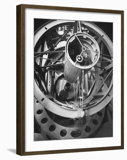 Astronomer Edwin Hubble Pictured Inside the Workings of the Huge 200 In. Mt. Palomar Telescope-J^ R^ Eyerman-Framed Photographic Print