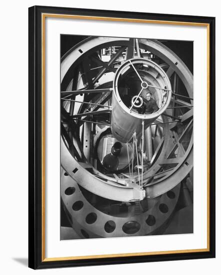 Astronomer Edwin Hubble Pictured Inside the Workings of the Huge 200 In. Mt. Palomar Telescope-J^ R^ Eyerman-Framed Photographic Print