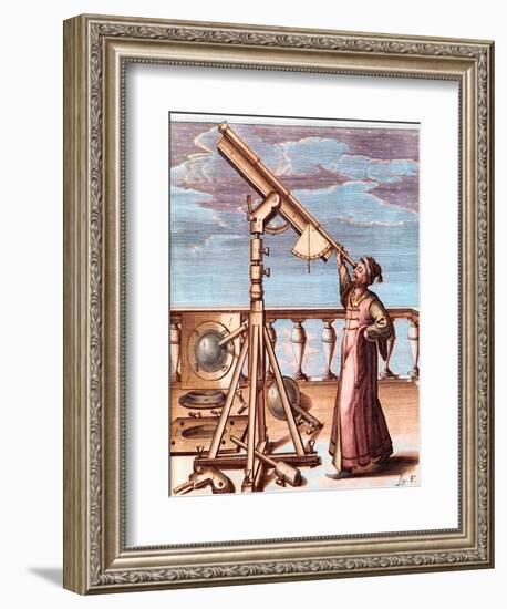 Astronomer Observing the Sky with a Telescope - From: Johannes Hevelius (1611-1687), Selenographia,-Unknown Artist-Framed Giclee Print