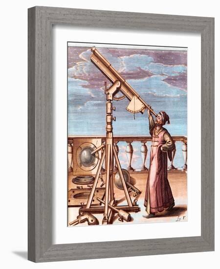 Astronomer Observing the Sky with a Telescope - From: Johannes Hevelius (1611-1687), Selenographia,-Unknown Artist-Framed Giclee Print