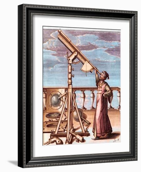 Astronomer Observing the Sky with a Telescope - From: Johannes Hevelius (1611-1687), Selenographia,-Unknown Artist-Framed Giclee Print