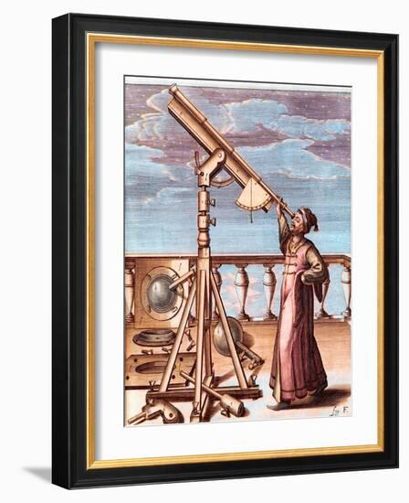 Astronomer Observing the Sky with a Telescope - From: Johannes Hevelius (1611-1687), Selenographia,-Unknown Artist-Framed Giclee Print
