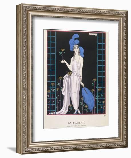 Asymmetrical Evening Gown by Worth with a Low Diagonal Waistline and a Long Flowing Train-Georges Barbier-Framed Photographic Print