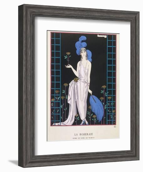 Asymmetrical Evening Gown by Worth with a Low Diagonal Waistline and a Long Flowing Train-Georges Barbier-Framed Photographic Print