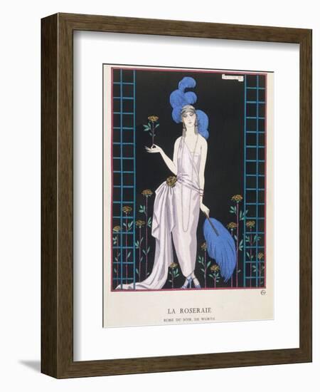 Asymmetrical Evening Gown by Worth with a Low Diagonal Waistline and a Long Flowing Train-Georges Barbier-Framed Photographic Print