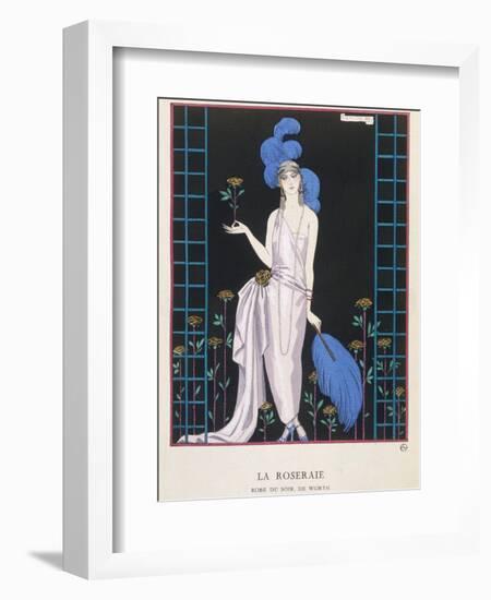 Asymmetrical Evening Gown by Worth with a Low Diagonal Waistline and a Long Flowing Train-Georges Barbier-Framed Photographic Print