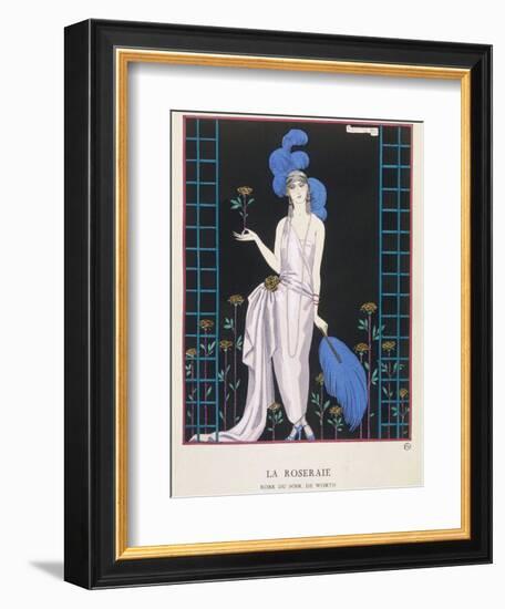 Asymmetrical Evening Gown by Worth with a Low Diagonal Waistline and a Long Flowing Train-Georges Barbier-Framed Photographic Print