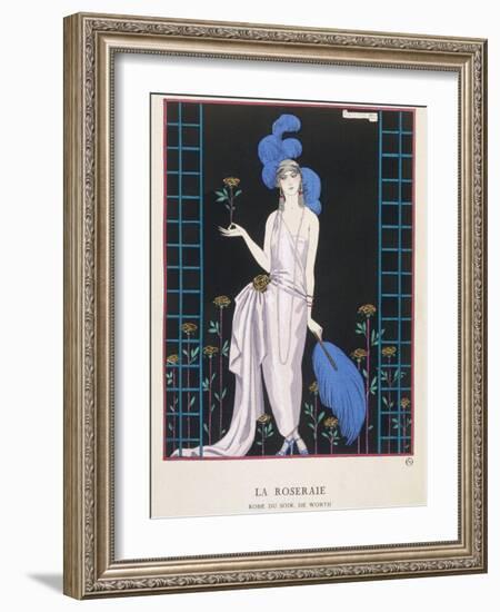 Asymmetrical Evening Gown by Worth with a Low Diagonal Waistline and a Long Flowing Train-Georges Barbier-Framed Photographic Print