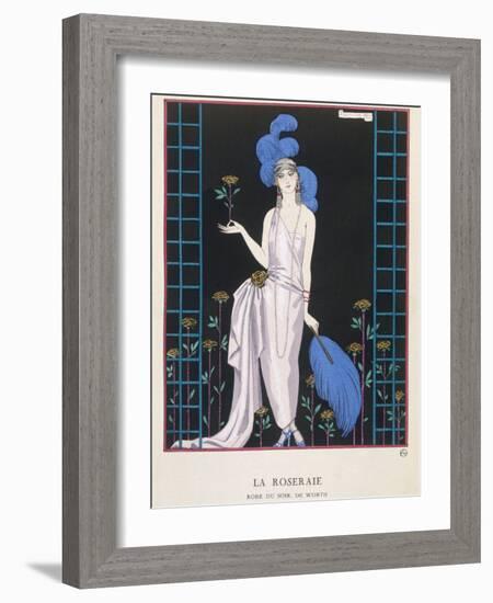 Asymmetrical Evening Gown by Worth with a Low Diagonal Waistline and a Long Flowing Train-Georges Barbier-Framed Photographic Print