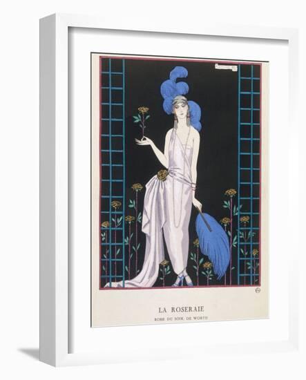 Asymmetrical Evening Gown by Worth with a Low Diagonal Waistline and a Long Flowing Train-Georges Barbier-Framed Photographic Print