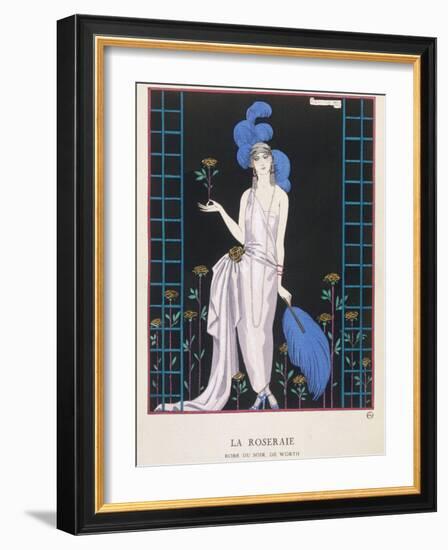 Asymmetrical Evening Gown by Worth with a Low Diagonal Waistline and a Long Flowing Train-Georges Barbier-Framed Photographic Print