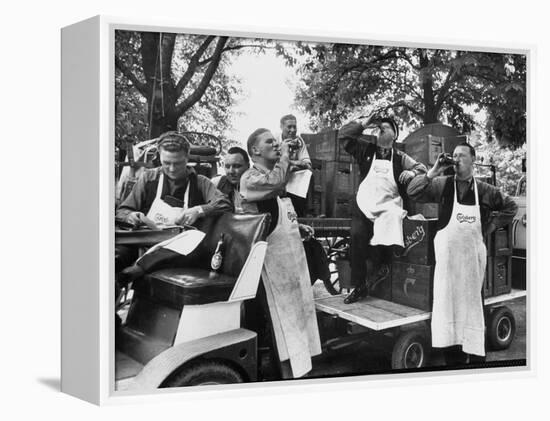 At 9:00 A.M., Carlsberg and Tivoli Workers Enjoying an Early Morning Beer-Carl Mydans-Framed Premier Image Canvas