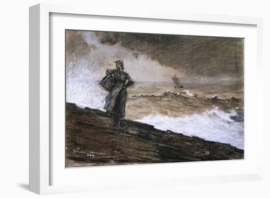 At High Sea, Charcoal and White Chalk on Buff Paper Laid Down on Board, 1884-Winslow Homer-Framed Giclee Print