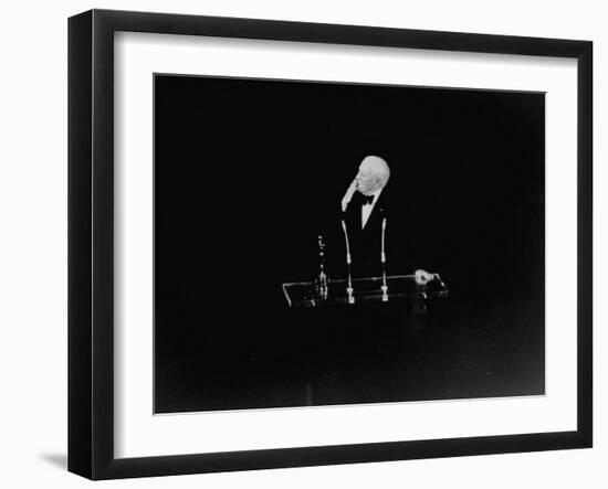 At Oscar Awards Ceremony, Actor Charlie Chaplin, Blowing Audience a Kiss-Ralph Crane-Framed Premium Photographic Print