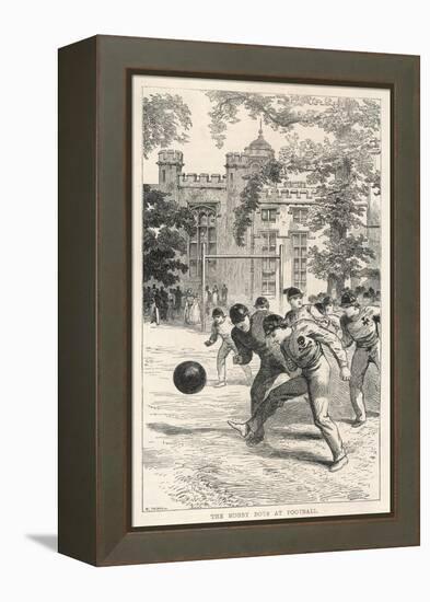 At Rugby School Boys at Rugby School Play Rugby Football in the School Grounds-Walter Thomas-Framed Stretched Canvas