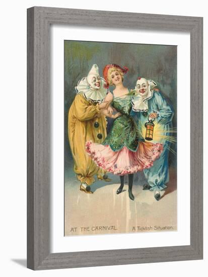 At the Carnival, A Ticklish Situation, Lady with Two Clowns-null-Framed Art Print