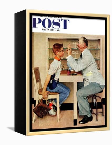 "At the Optometrist" or "Eye Doctor" Saturday Evening Post Cover, May 19,1956-Norman Rockwell-Framed Premier Image Canvas