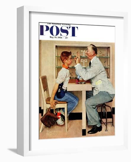 "At the Optometrist" or "Eye Doctor" Saturday Evening Post Cover, May 19,1956-Norman Rockwell-Framed Giclee Print