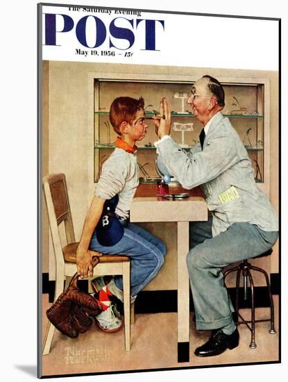 "At the Optometrist" or "Eye Doctor" Saturday Evening Post Cover, May 19,1956-Norman Rockwell-Mounted Giclee Print