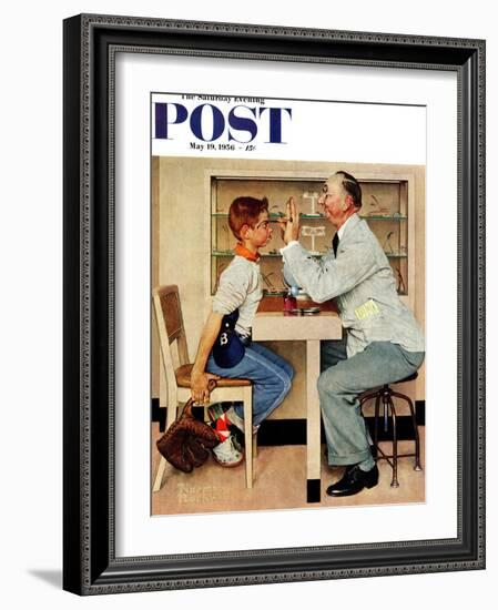 "At the Optometrist" or "Eye Doctor" Saturday Evening Post Cover, May 19,1956-Norman Rockwell-Framed Giclee Print