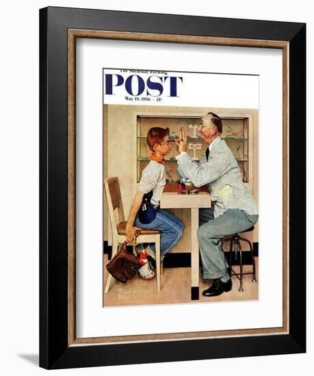 "At the Optometrist" or "Eye Doctor" Saturday Evening Post Cover, May 19,1956-Norman Rockwell-Framed Giclee Print