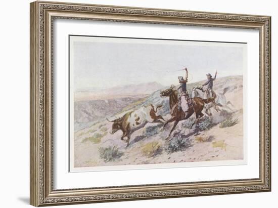 At Work on the Big Dry Montana-Charles Marion Russell-Framed Art Print