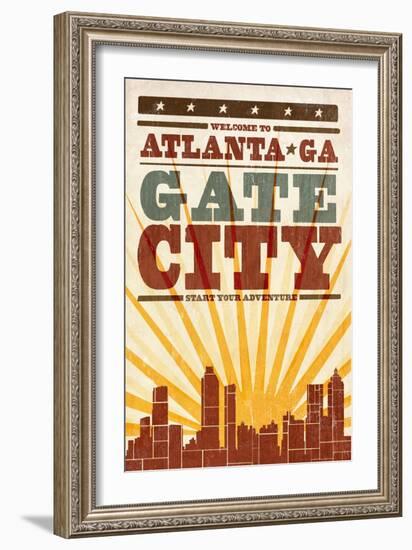 Atlanta, Georgia - Skyline and Sunburst Screenprint Style-Lantern Press-Framed Art Print