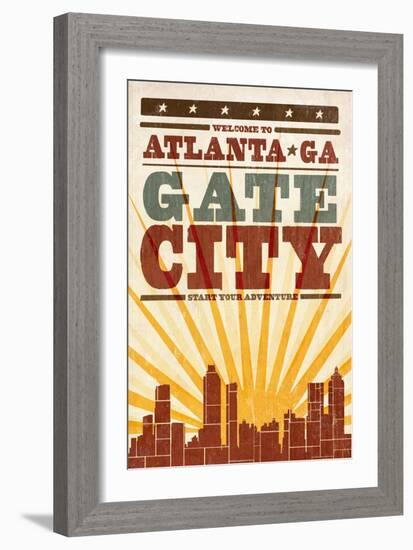 Atlanta, Georgia - Skyline and Sunburst Screenprint Style-Lantern Press-Framed Art Print