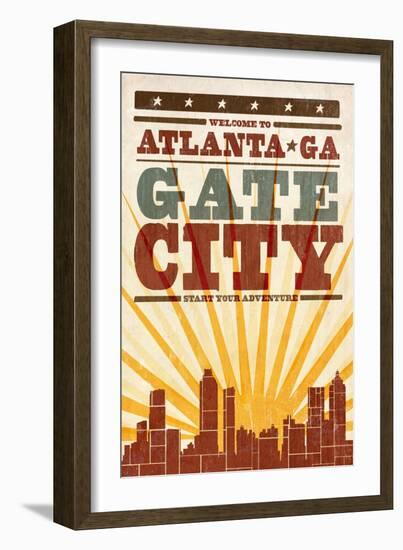 Atlanta, Georgia - Skyline and Sunburst Screenprint Style-Lantern Press-Framed Art Print