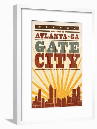 Atlanta, Georgia - Skyline and Sunburst Screenprint Style-Lantern Press-Framed Art Print