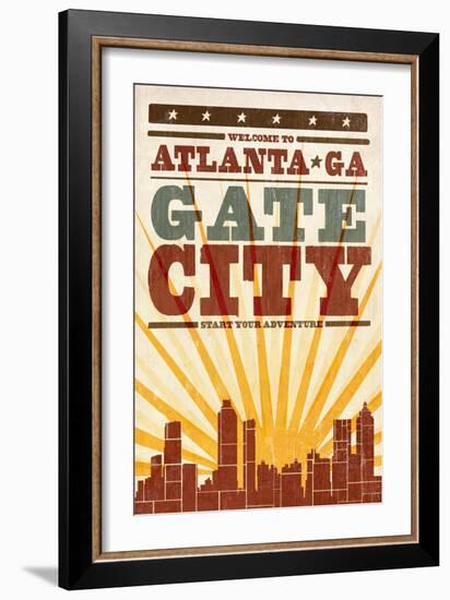 Atlanta, Georgia - Skyline and Sunburst Screenprint Style-Lantern Press-Framed Art Print