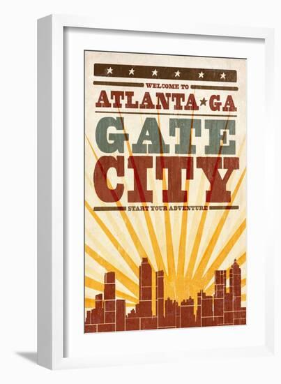 Atlanta, Georgia - Skyline and Sunburst Screenprint Style-Lantern Press-Framed Art Print