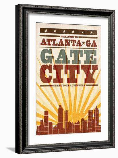 Atlanta, Georgia - Skyline and Sunburst Screenprint Style-Lantern Press-Framed Art Print