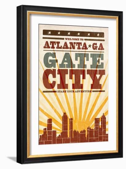 Atlanta, Georgia - Skyline and Sunburst Screenprint Style-Lantern Press-Framed Art Print