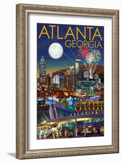 Atlanta, Georgia - Skyline at Night-Lantern Press-Framed Art Print