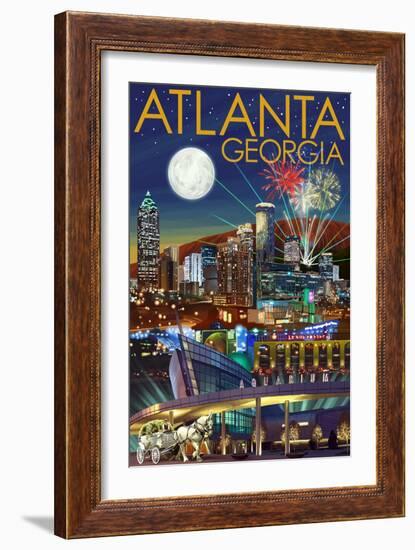 Atlanta, Georgia - Skyline at Night-Lantern Press-Framed Art Print